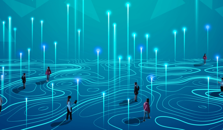 Numerous digital people walking on a digital landscape with arrows flying up