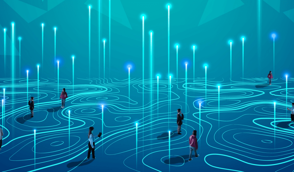 Numerous digital people walking on a digital landscape with arrows flying up
