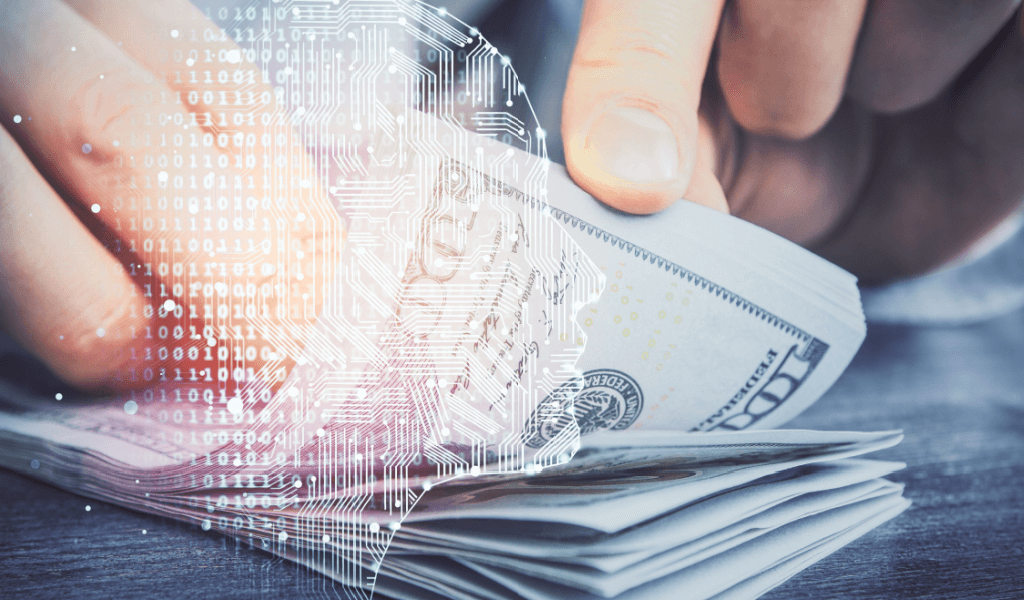 Hologram of a technological brain over the a picture of a person fanning $100 bills. Close up of their hands.